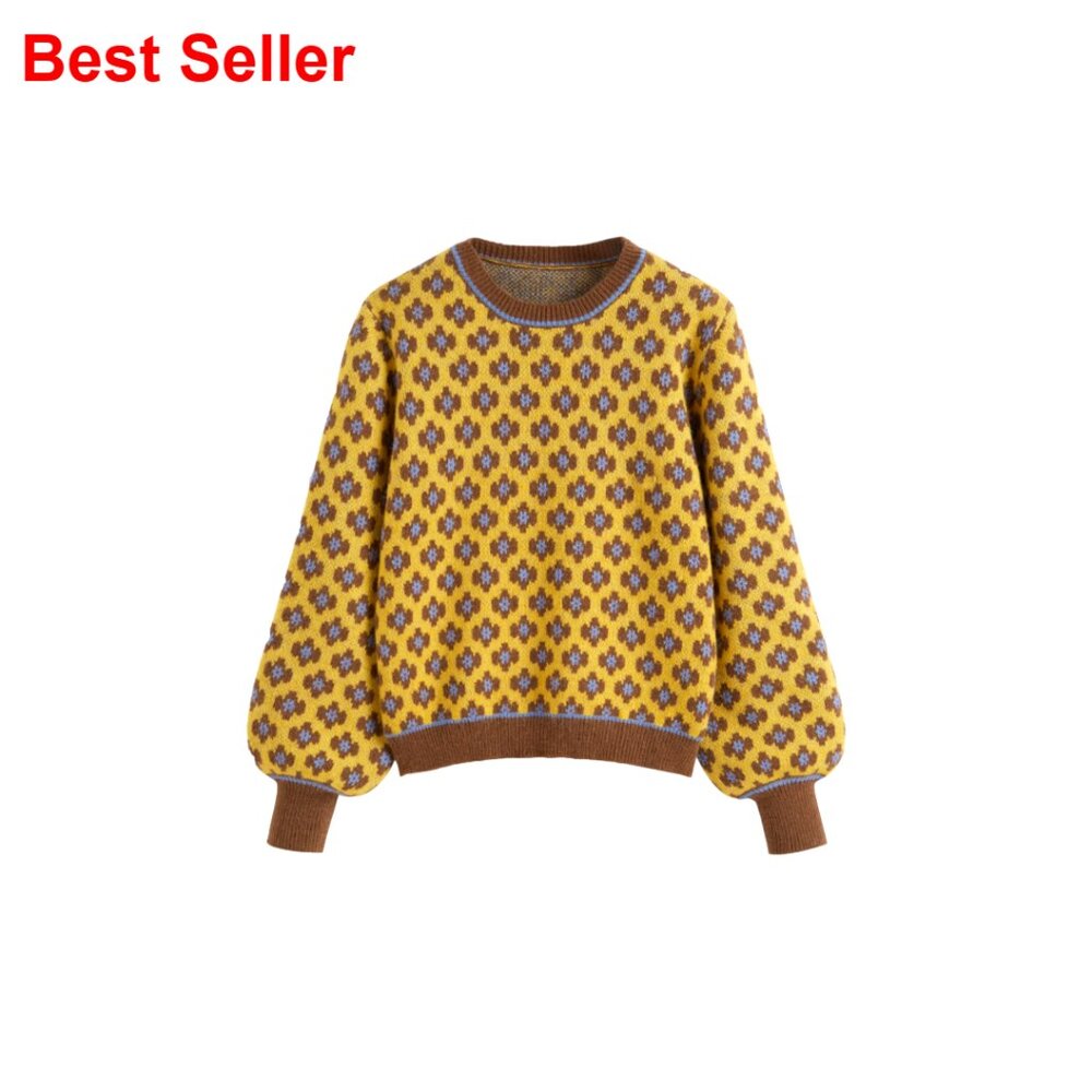 Floral Crew Neck Pullover Sweater Long Sleeve Regular Fit Casual Fall